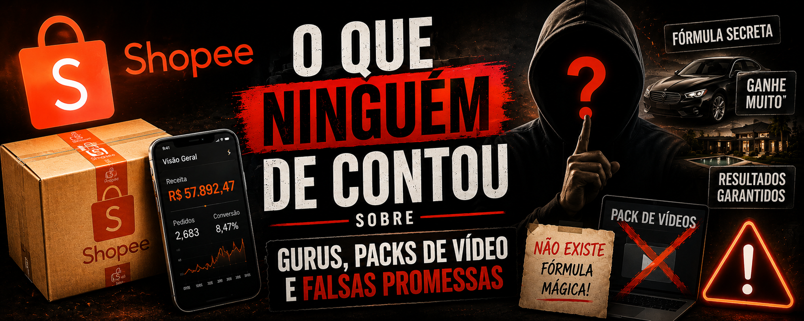 A verdade por trás dos gurus, packs de vídeos e promessas irreais no mercado de afiliados. Uma capa impactante mostrando os bastidores do tráfego pago, falsas fórmulas mágicas e o que realmente acontece por trás das vendas na Shopee.
