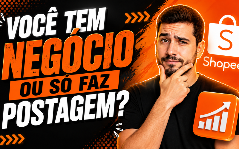 Capa de YouTube com identidade visual inspirada na Shopee, utilizando tons vibrantes de laranja, preto e branco. O destaque principal é o título grande e chamativo: “VOCÊ TEM NEGÓCIO OU SÓ FAZ POSTAGEM?” No lado direito, há um personagem masculino com expressão pensativa, reforçando o tom de questionamento estratégico do conteúdo. Ao fundo, elementos gráficos modernos como setas, texturas e efeitos de luz trazem um visual dinâmico e impactante. Também aparecem elementos ligados ao universo de negócios digitais e Shopee, como: * Logo da Shopee * Ícone de crescimento/gráfico * Escrita “IDV SHOPEE” A composição transmite uma sensação de autoridade, marketing, estratégia e crescimento digital, no estilo de thumbnails virais do YouTube.
