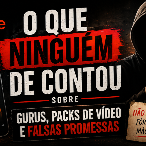 A verdade por trás dos gurus, packs de vídeos e promessas irreais no mercado de afiliados. Uma capa impactante mostrando os bastidores do tráfego pago, falsas fórmulas mágicas e o que realmente acontece por trás das vendas na Shopee.