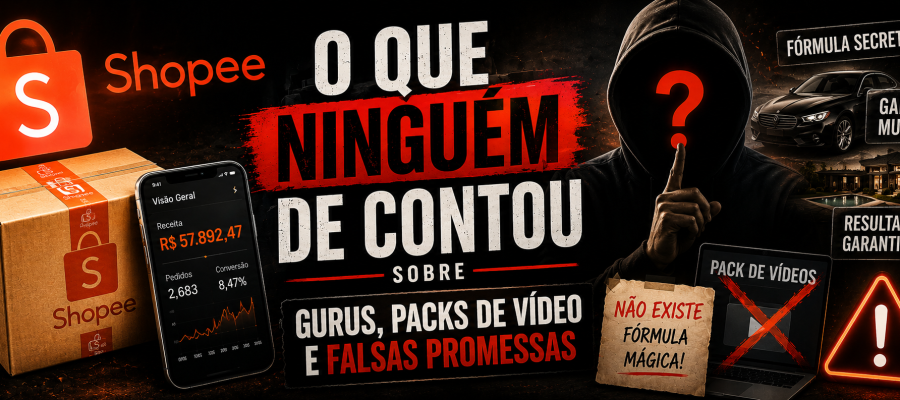 A verdade por trás dos gurus, packs de vídeos e promessas irreais no mercado de afiliados. Uma capa impactante mostrando os bastidores do tráfego pago, falsas fórmulas mágicas e o que realmente acontece por trás das vendas na Shopee.